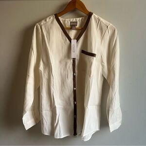Chico's Cream and Brown Casual Button Down Shirt